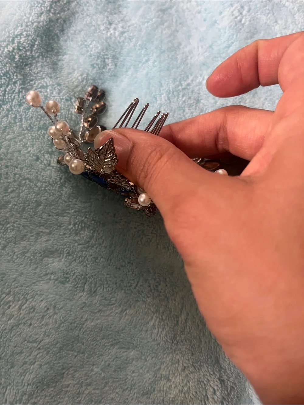 Pearl & Sapphire Blue Crystal Hair Comb